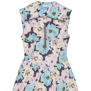 Ganni Floral Zip-Front Mini Dress in Blue, Cream & Black